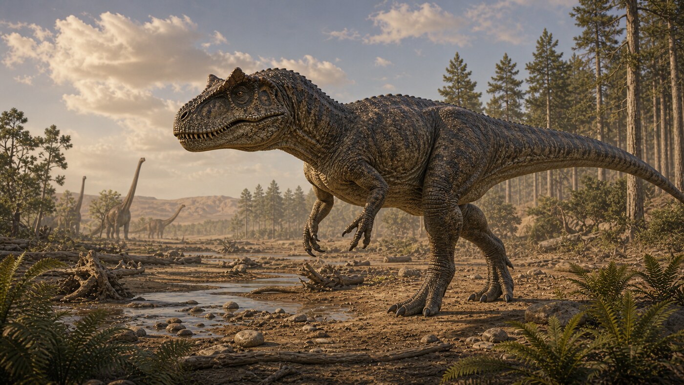 Allosaurus stalking through a Jurassic floodplain