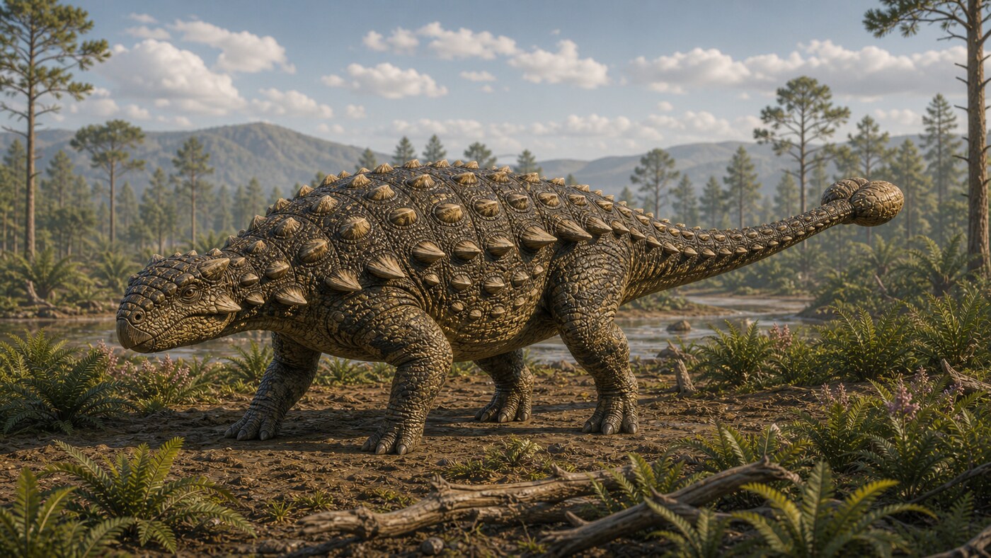 Ankylosaurus standing low with armor plates and a heavy tail club