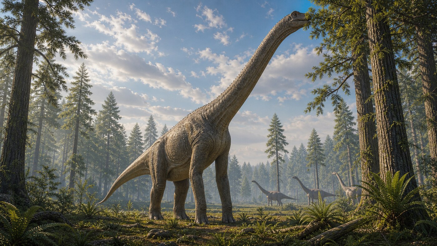 Brachiosaurus reaching into tall Jurassic trees