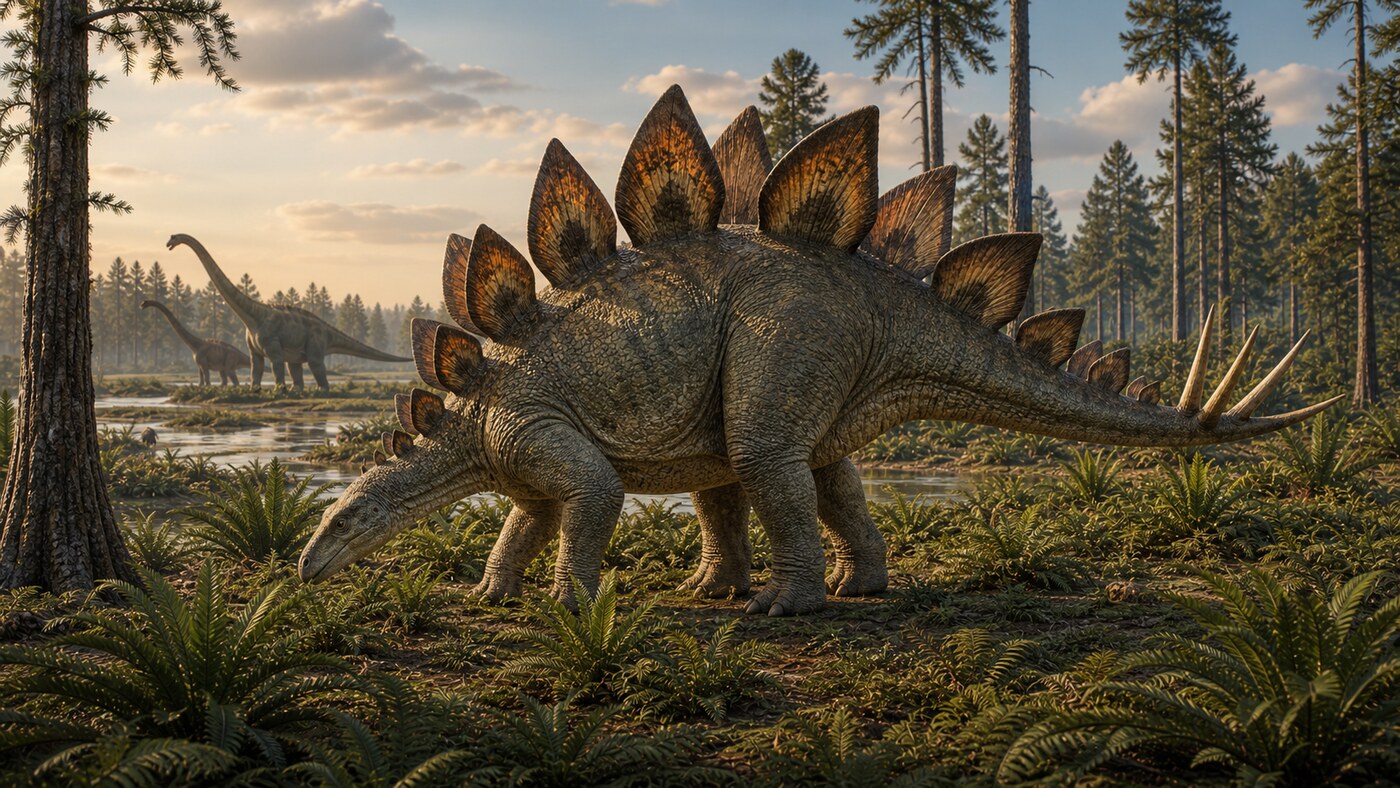 Stegosaurus with back plates and tail spikes in a Jurassic habitat